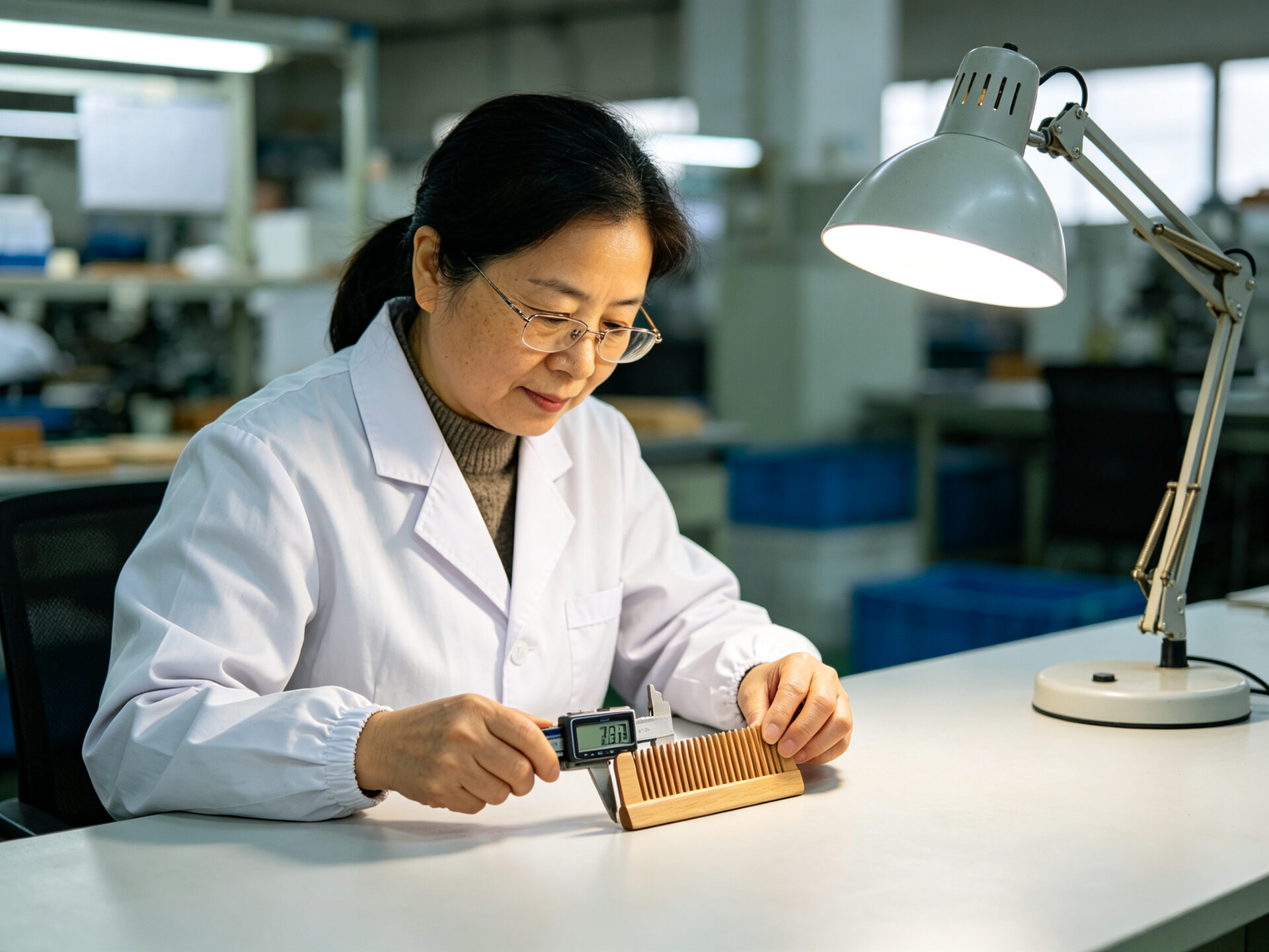QC inspector checking a wooden comb with measurement tools