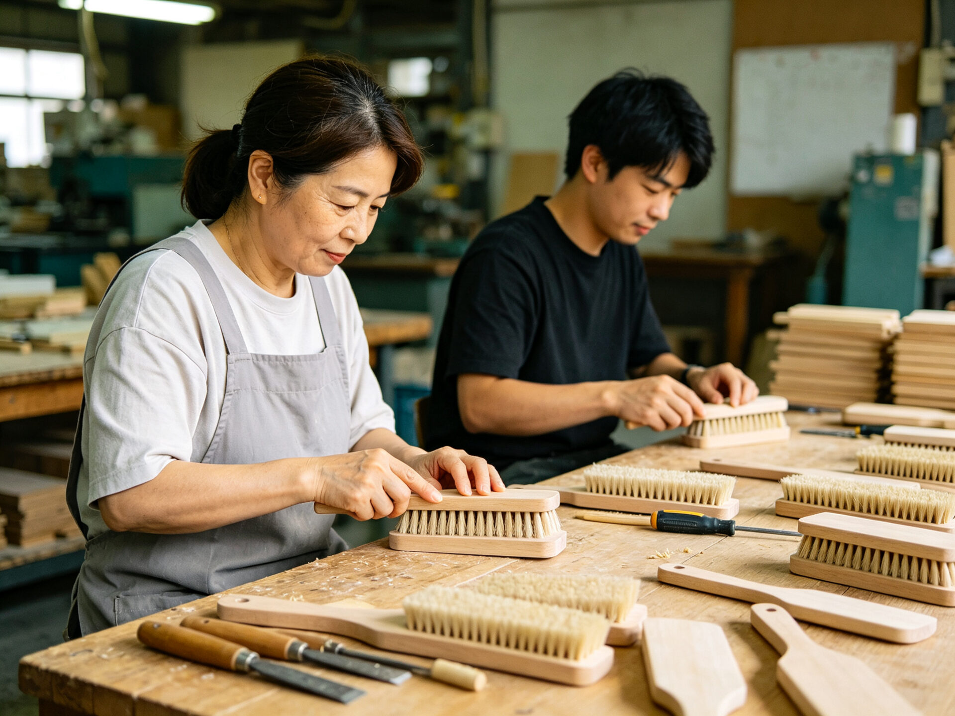 Workers assembling wooden brush handles on the production line